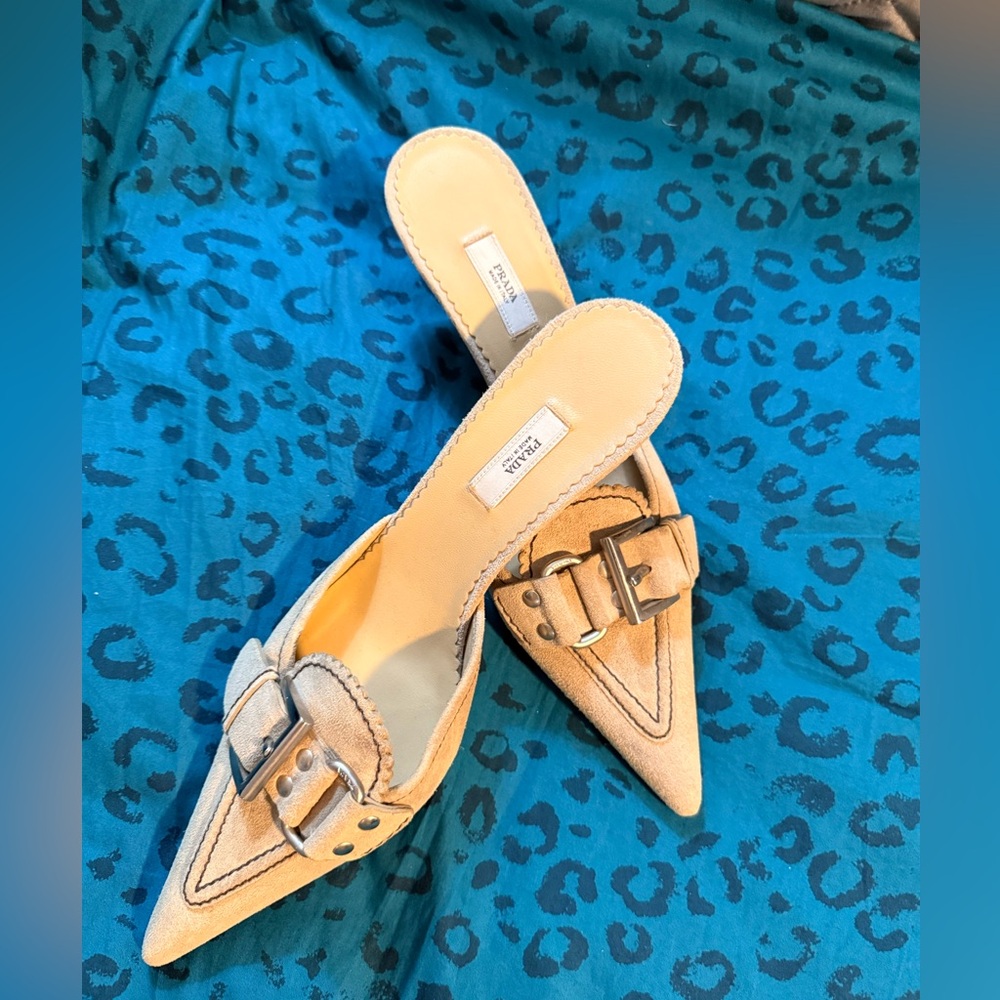 Prada Blue grey suede Buckle Pointed-Toe Mules